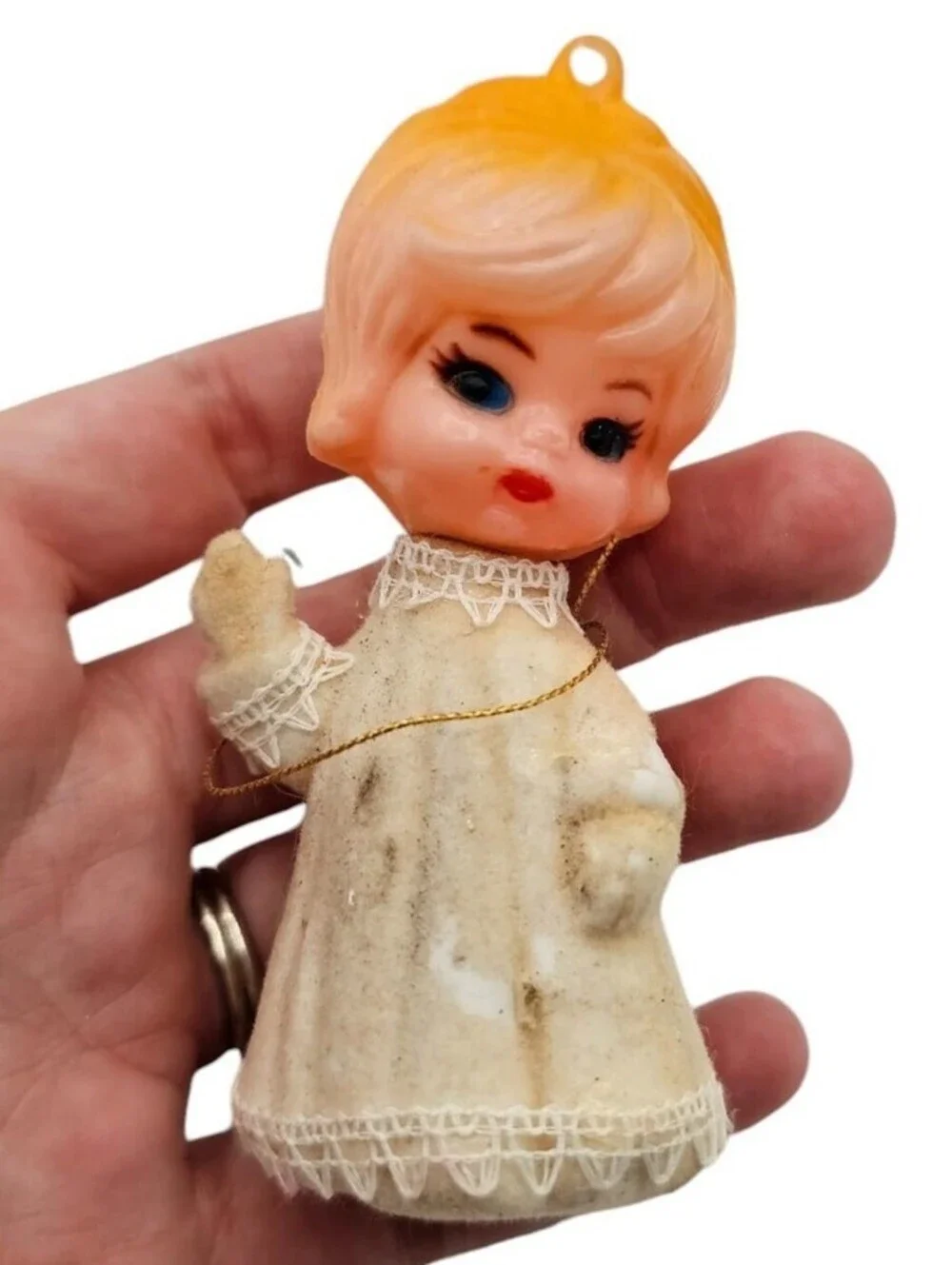 Vintage 1960s Flocked Blow Mold Style Christmas Ornament Little Girl Doll